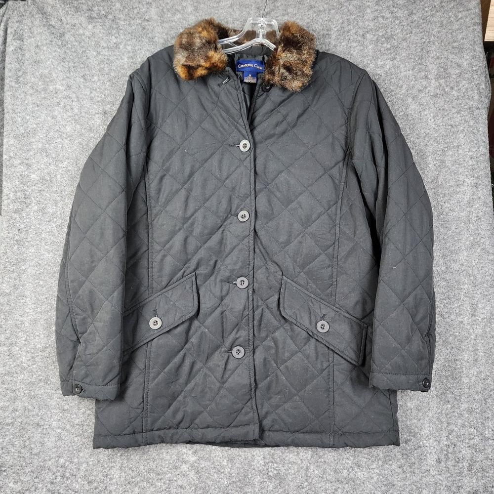 Charter Club Quilted Jacket Mens Medium Black Faux Fur Collar Barn Coat‎